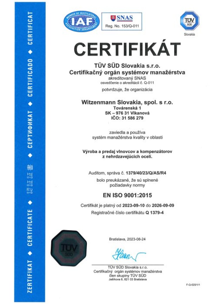 EN ISO 9001:2015 Certifikát Witzenmann Slovakia 